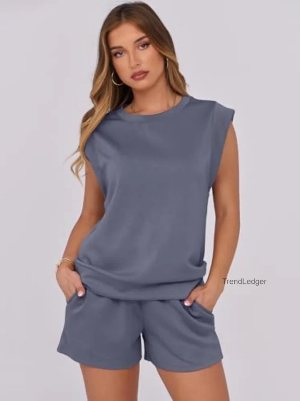 Women's 2 Piece Lounge Short Set Crewneck Cap Sleeve Drawstring